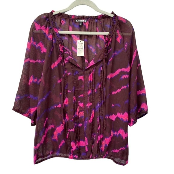 NEW Express Sheer Print Ruffle 3/4 Sleeve Blouse Sz M - Picture 1 of 8
